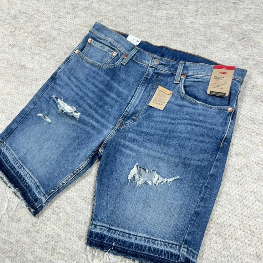 Levis 412 Shorts Men 36 Slim Fit Blue Jean Jorts Med Wash Faded Distressed Hole